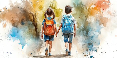 Nostalgic Walk of Two Kids with Backpacks