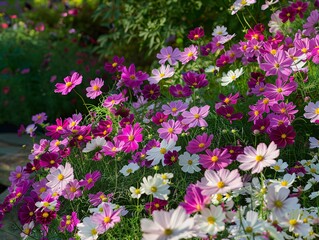 Naklejka premium 1. Beautiful cosmos flowers in full bloom in a garden, vibrant pinks, whites, and purples, lush green foliage, soft sunlight filtering through, natural and serene setting, high resolution, 16k