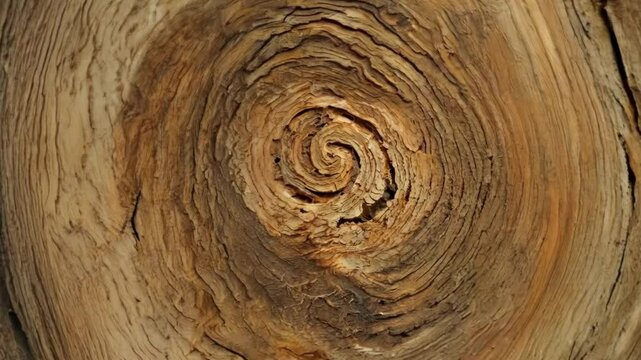 Sawn tree trunk showing a knot and wood grain pattern forming a spiral shape, creating an interesting natural background