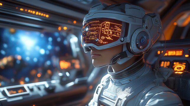 A person explores a virtual world using VR glasses while seated in a high-tech truck, surrounded by glowing city lights during dusk. - Powered by Adobe