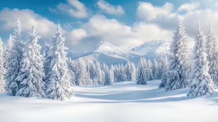 Beautiful winter landscape with snow-covered trees in the mountain forest