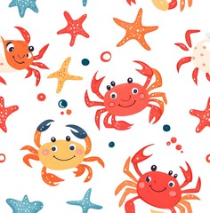 Cute cartoon pattern with crabs and starfish