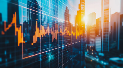 Obraz premium Abstract business team stands on the peak of success amid tall, innovative Smart city and graphs with statistics to analyze business potential and predict future developments in company growth.