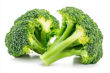 Fresh broccoli pieces isolated on white background focus on healthy nutrition