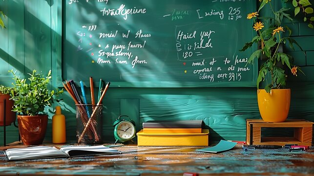 A neatly organized desk with a collection of school supplies, including pencils, notebooks, and a ruler, on a wooden surface, set against a background of a chalkboard with handwritten equations,
