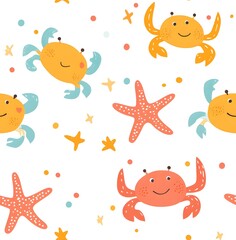 Cute cartoon pattern with crabs and starfish