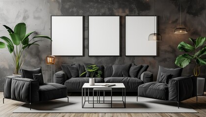 Modern Living Room with Black Furniture, Blank White Picture Frame, Minimalistic Sleek Design, Coffee Table, Artistic Setup, Background with Copy Space, Mockup