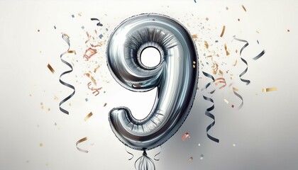 Silver birthday / anniversary balloon, number 9, white background with confetti
