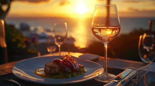 A Crystal Wine Glass Reflects the Setting Sun over a Gourmet Meal, Creating a Romantic Ambiance for a Luxurious Dinner on the Waterfront.