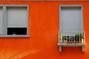 window with a plant in a planter box is shown in front of an orange wall