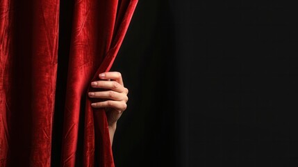 Background with red velvet curtain and hand. black background and copy space