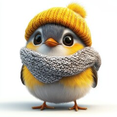 Cute Happy Finch Isolated on White Background Wearing Cold Weather or Winter Outfit. Cartoon Character - Mascot