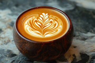 A wooden coffee cup with a white swirl design on it