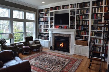 Contemporary home library with built-in bookshelves, fireplace, and integrated entertainment system, blending traditional and modern elements