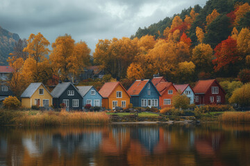 A picturesque coastal town bathed in the soft light of early autumn, with vibrant fall colors beginning to touch the trees,