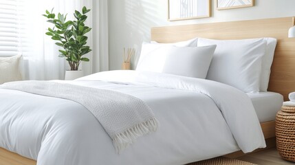 Obraz premium Cozy bedroom with decorative pillows and indoor plants in a bright setting