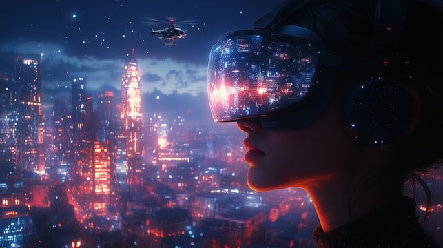 A person wearing virtual reality glasses gazes out over a dazzling, illuminated city filled with towering skyscrapers and a hovering helicopter.