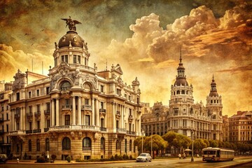 Obraz premium Worn sepia tones capture ancient grandeur of Madrid's Gothic cathedrals and vintage architecture, evoking nostalgic feelings of a bygone era with every faded texture and cobbled street.