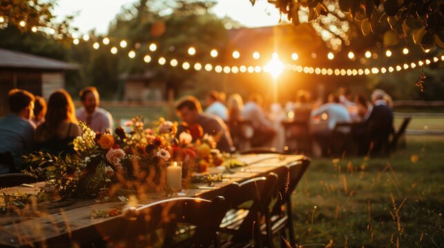 Guests gather at a rustic barn wedding in the countryside, enjoying the sunset and lovely floral decorations