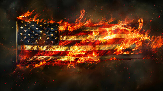 Close-up of a burning American flag waving on a dark background. Independence day concept, holiday.