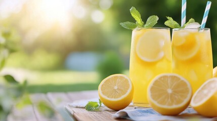 Refreshing lemonades with mint and lemon slices on a wooden table in the sunlight