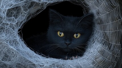 A mysterious black cat peering through a web-covered hole, evoking a sense of intrigue and spookiness in a dark setting.