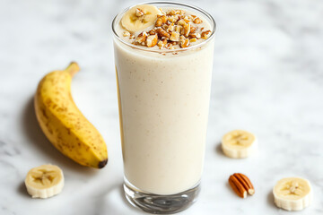 Refreshing banana smoothie with nuts, perfect for breakfast or snack.