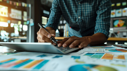 Fototapeta premium A young male businessman in business clothes at his desk calculates a financial report, analysis using charts and graphs. Business concept.