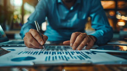 Fototapeta premium A young male businessman in business clothes at his desk calculates a financial report, analysis using charts and graphs. Business concept.