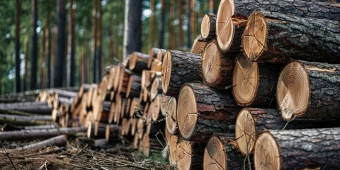 pine trees log stack storage pile in forest wood industry panorama
