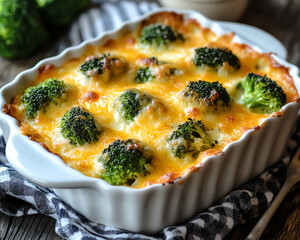 Close-up of a cheesy broccoli casserole in a white baking dish.