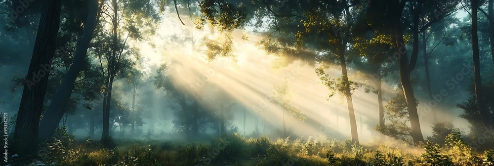 Wall mural sunlight beams through foggy forest - 3d illustration