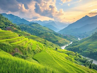 Fototapeta premium Majestic Mountain Range with Lush Green Rice Terraces and Winding River at Sunset