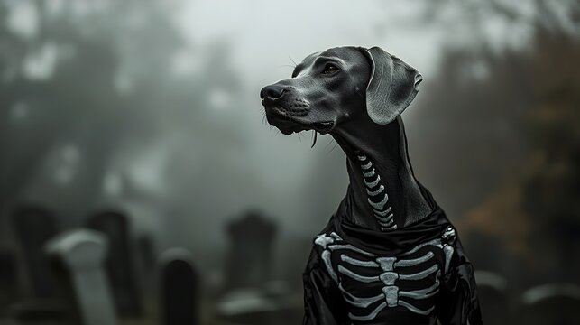Spooky Weimaraner Skeleton Emerging from Misty Graveyard Backdrop   A Weimaraner dog wearing a skeleton costume stands against a backdrop of eerie tombstones and fog