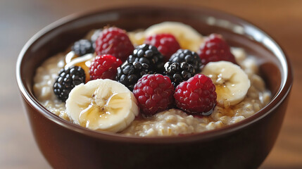 Delicious bowl of oatmeal topped with fresh fruit and honey.