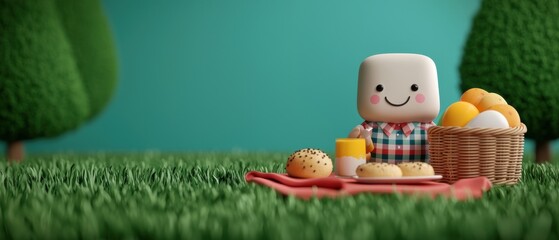 Obraz premium Fun Cartoon Character Enjoying Vibrant Picnic in Lively Park - with Selective Focus and Copy Space for Text