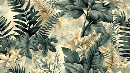 A continuous pattern of ferns and delicate leaves, designed for seamless wallpaper with a vintage botanical flair, deep green tones, intricate details, hand-drawn vintage style, natural light,