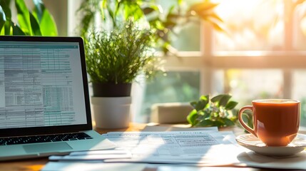 A desk with detailed tax forms featuring charitable donations, a laptop displaying financial software, and a mug of tea, bright ambient light from a nearby window, blurred background of a stylish
