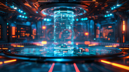Futuristic room with a glowing blue object in the center. The room is filled with neon light and a blue object is surrounded by a glowing orange ring. Technology concept.