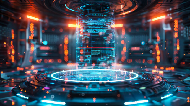Futuristic room with a glowing blue object in the center. The room is filled with neon light and a blue object is surrounded by a glowing orange ring. Technology concept.