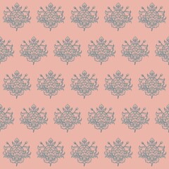Seamless pattern in Asian style. Fantasy linear plants on a colored background, stylized as Chinese, Japanese, Korean ornament. Vintage themed digital illustration for branding, posters, invitations