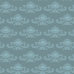 Seamless pattern in Asian style. Fantasy linear plants on a colored background, stylized as Chinese, Japanese, Korean ornament. Vintage themed digital illustration for branding, posters, invitations