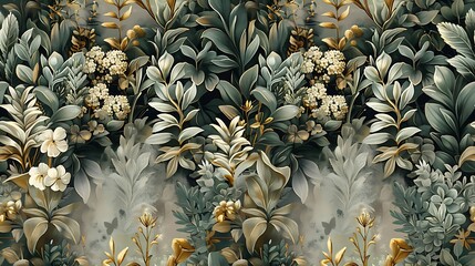 Obraz premium A continuous pattern of herb garden elements, including rosemary, sage, and thyme, designed for seamless wallpaper with a vintage rustic flair, deep green tones, intricate details,