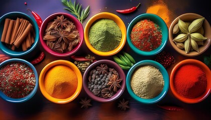 A variety of spices and herbs in colorful bowls.