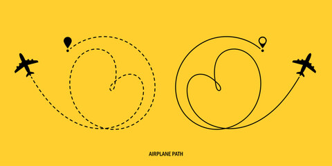 Travel concept. Aircraft tracking. Two airplane route plane path. Vector illustration on a isolated yellow background. The path is in the form of a heart of love.