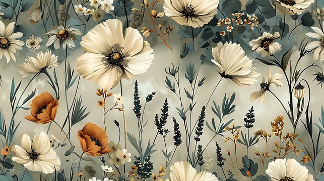 A continuous pattern of wildflowers, including daisies, poppies, and lavender, designed for seamless wallpaper with a vintage boho flair, soft pastel tones, intricate details,
