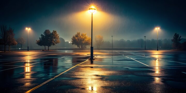 A lone, flickering streetlamp casting an eerie glow on a desolate, rain-drenched parking lot, conveying a sense of isolation, dark, muted tones, slow-shutter speed.