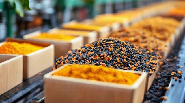 The Colorful tea leaves are organized neatly in wooden boxes at a bustling market.