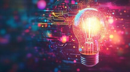 Fototapeta premium Conceptual Image of a Light Bulb Representing Innovative Breakthrough and Creative Thinking in Business - Digital Art with Circuit Board Elements and Colorful Light Explosion