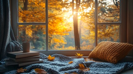A cozy cottage window with a view of autumn trees at sunset